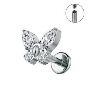 Piercing Labret de titanio grado implante ASTMF136 de rosca interna con forma de Mariposa con Circonitas